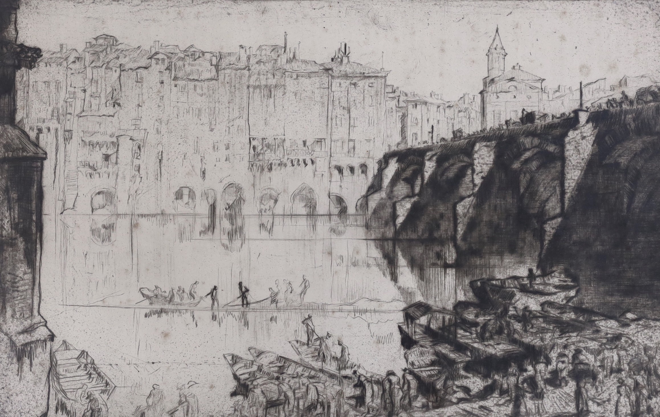 Sir Frank Brangwyn (1867-1956), drypoint etching, Italian riverside houses, signed in pencil, 35 x 55cm